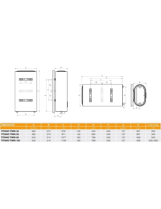 Ferroli - titano twin scaldabagno elettrico compatto a doppio serbatoio da 80 litri con wi-fi