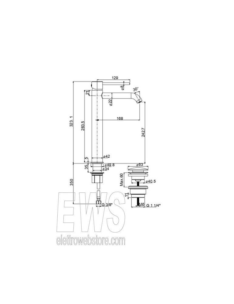 PAINI COX MISCELATORE MONOFORO LAVABO TIPO ALTO, PILETTA CLIC-CLAC