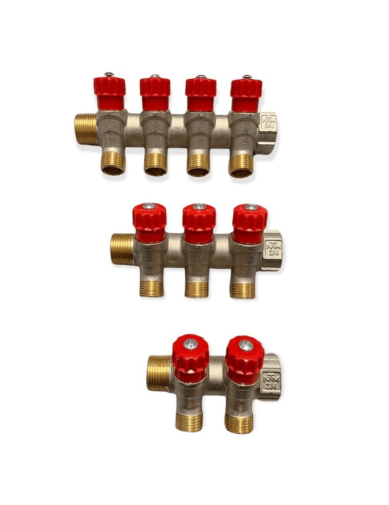 Collettore con rubinetti 3/4 a vitone 2-3-4 vie rosso CALDO – NTM Collettore con rubinetti 3/4 a vitone 2-3-4 vie rosso CALDO – NTM