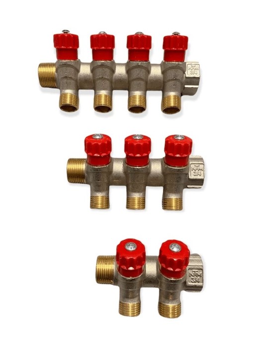 Collettore con rubinetti 3/4 a vitone 2-3-4 vie rosso CALDO – NTM Collettore con rubinetti 3/4 a vitone 2-3-4 vie rosso CALDO – NTM