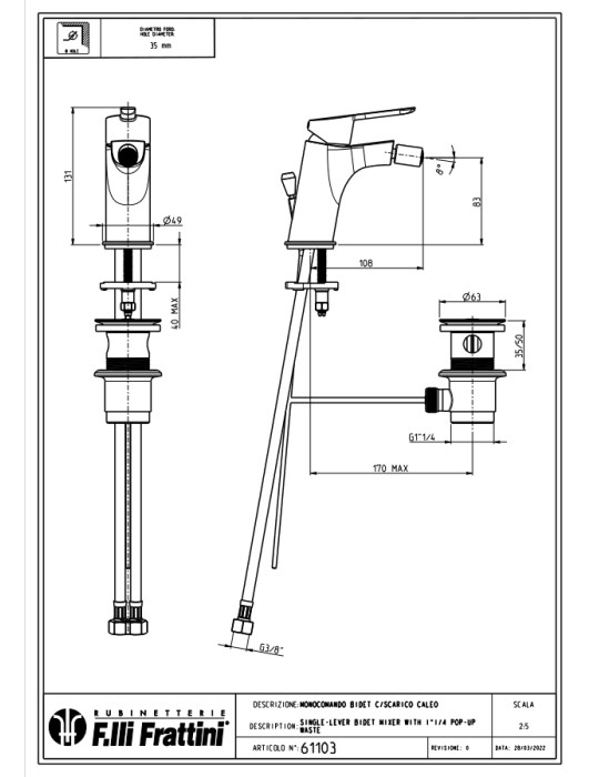 Frattini Monocomando Rubinetto Per Bidet Bagno Con Scarico 1”1/4 Caleo Cromato