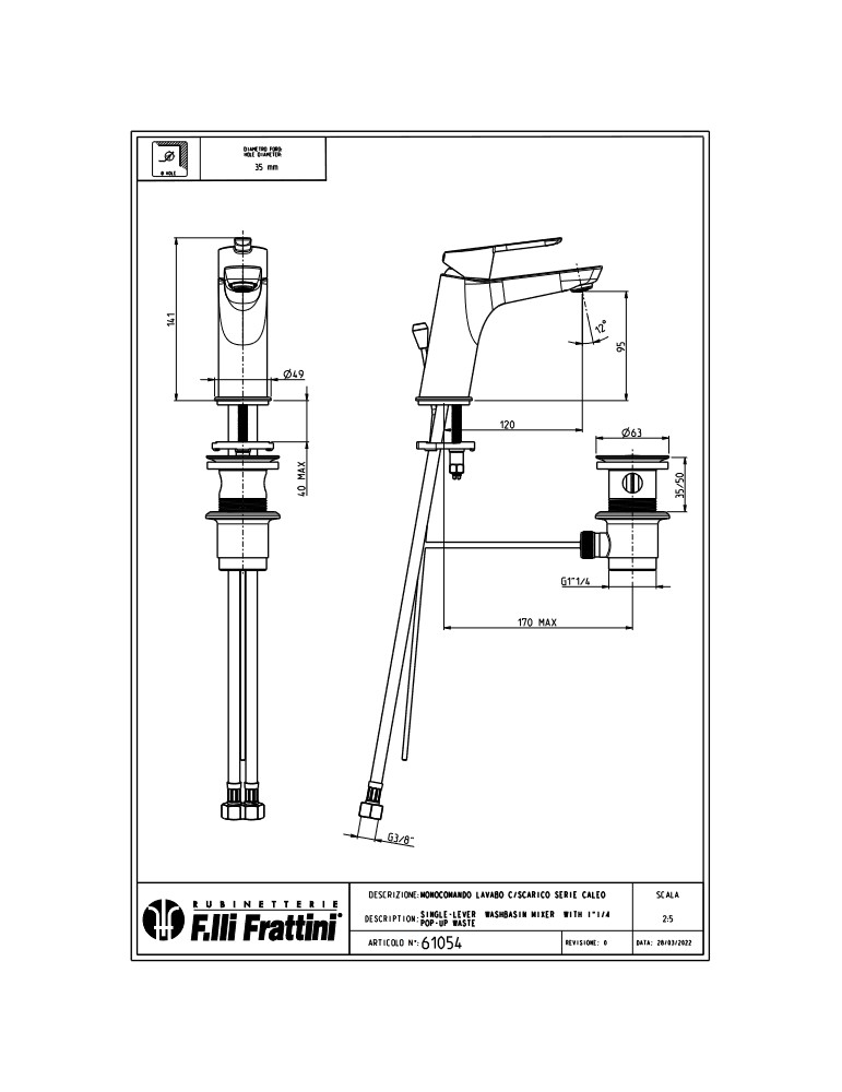 Frattini Monocomando Rubinetto Per Lavabo Bagno Con Scarico 1”1/4 Caleo Cromato