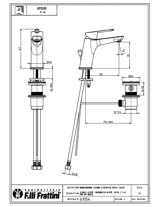 Frattini Monocomando Rubinetto Per Lavabo Bagno Con Scarico 1”1/4 Caleo Cromato
